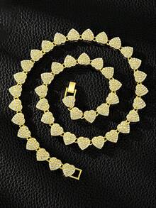 10mm Heart-Shaped Chain Necklace & Bracelet, Elegant Hip-Hop Cuban Chain Design With Crystal Heart Pendant, Suitable For Daily Wear - Full Diamond Heart Chain - View 13