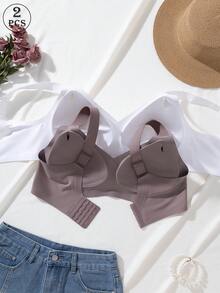 2pcs Jelly Glue Wireless Plus Size Bra, Adjustable Wide Strap, Seamless Back Closure With 4-Row Hooks For Enhanced Support And Cup Stability, Suitable For Commuting, Daily Wear, Home, Sports And Multiple Occasions, Plus Size Women's Bra - Multicolor - View 2