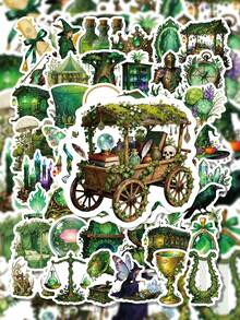 56Pcs Green Forest Magical Witch Mixed Stickers, Fresh Watercolor Texture, Fantasy Patterns Including Magic Carriages, Deer Antler Spirits, Ancient Spell Books And Flower Butterflies, For Laptop, Helmet, Guitar, E-Bike Shell Decoration - Multicolor - View 8