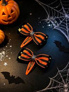 Halloween Striped Spider Web Bow Hair Clip, Orange & Black Star Satin Ribbon Bow Top Clip, Women's Spooky Party Cosplay Hair Accessory - Orange - View 6