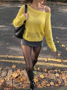 Women's Off Shoulder Hollow Out Knit Top, Loose Lightweight Pullover, Casual Summer Beach Vacation Cover Up - Yellow - View 4
