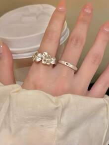 2pcs/Set Gentle Floral Double Layer Rings, Vintage Color-Block Small Flower Open Rings, Atmospheric Women's Stackable Finger Rings Accessories - Silver - View 3