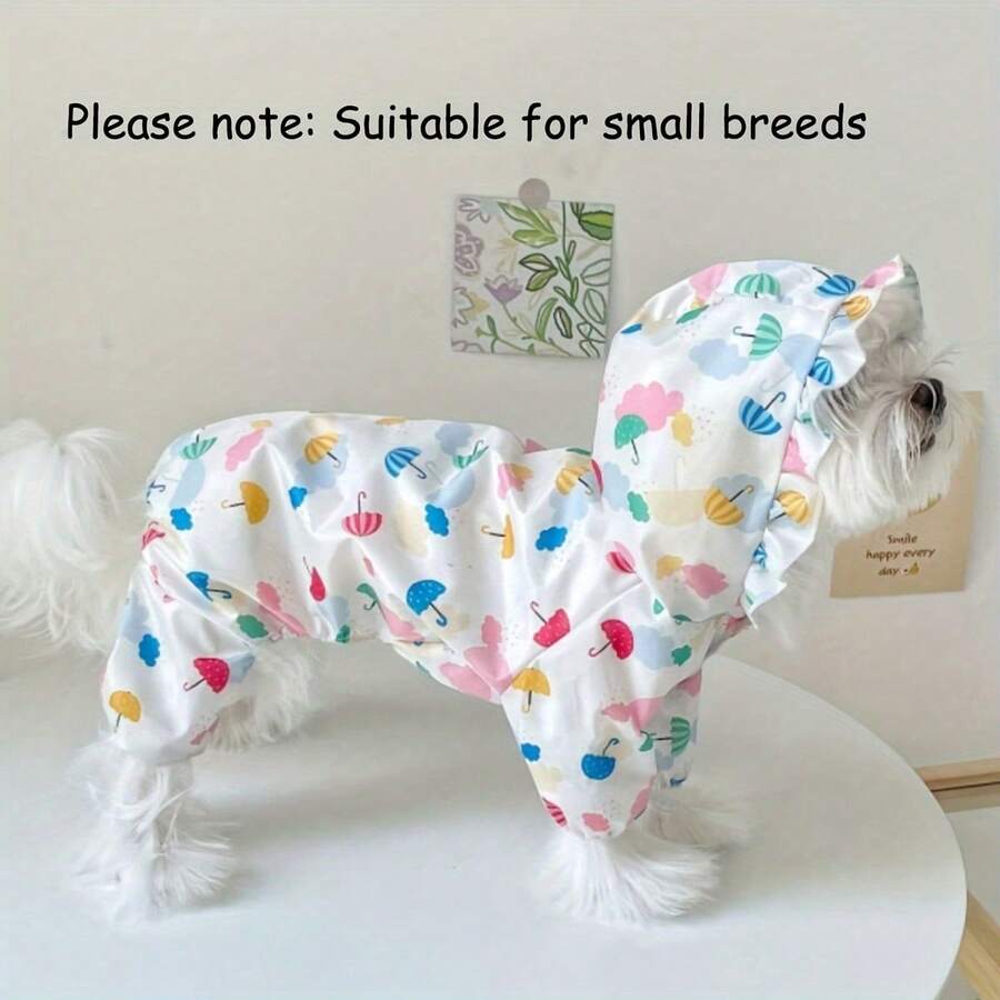 Umbrella Print Dog Raincoat Ruffled Brim Hooded Jacket Cartoon Pattern Pet Rain Poncho Clothes For Small Dogs Puppy - Multicolor - View 1