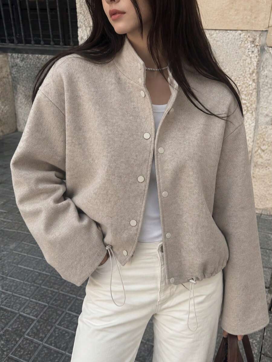 Women's Fashion Knit Cardigan, Drawstring Hem, Stand Collar With Button Front Design, Short Length Height-Enhancing Jacket, Autumn Outfit Essential - Khaki - View 1