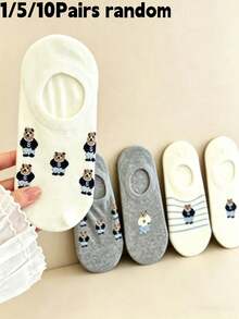 1/5/10 Pairs Women's Spring Summer Cute Bear Pattern Invisible Boat Socks, Breathable Moisture-Wicking Odor-Resistant Skin-Friendly Daily Casual Versatile Christmas Gift - Multicolor - View 4