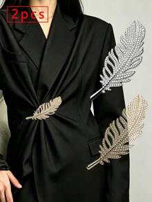 2pcs Hollow Rhinestone Feather Brooch, Multi-Use Decorative Pin For Suit, Dress, Scarf, Hemline, Waist Accessory For Women - Multicolor - View 3