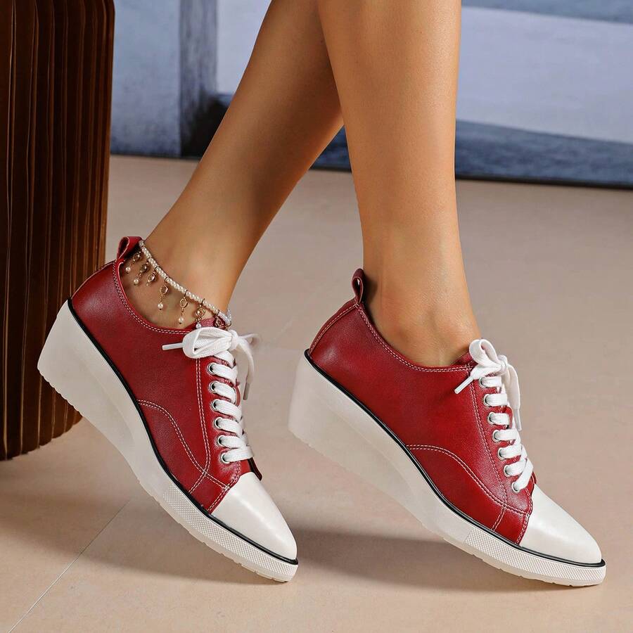 2026 Women's Casual Lace-Up Platform Thick Sole Versatile Fashion Sports Shoes - Red - View 1