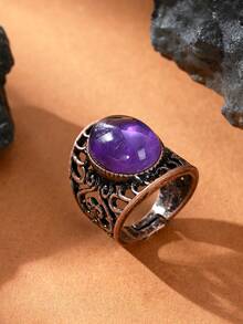 1pc Natural Crystal Natural Stone Egg-Shaped Polished Antique Style Open Ring Suitable For Women And Men - Multicolor - View 2