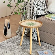 1pc Round Nordic Style Rattan Woven Shell Coffee Table, Handmade Sofa Side Table, Elegant High-End Coffee Table, Balcony Small Table, Welcome Table, Premium Gift For New Homeowners, Available In 2 Sizes - Multicolor - View 6