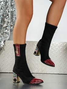 Women's Pointed Toe Elastic Ankle Boots, Red Crocodile Pattern Patent Leather Patchwork, Rhinestone Decor Chunky Heel Mid-Calf Boots, Side Zipper Decoration Party Dress Boots - Black - View 4