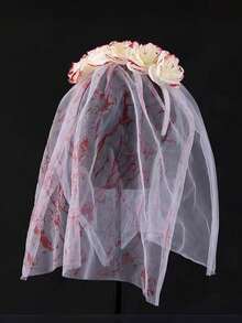 1pc Halloween Ghost Bride Bloody Rose Veil, Dark Style Floral Headpiece, Suitable For Halloween, Gothic Style, Holiday Party, Ball, Photo Prop - Multicolor - View 4