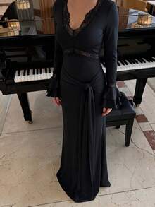 Women's Elegant Lace Patchwork Long Sleeve Dress Black - Black - View 4