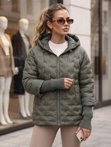 Women's Quilted Hooded Jacket Zip Front Ribbed Cuffs Hip Length Regular Fit - Green - View 2