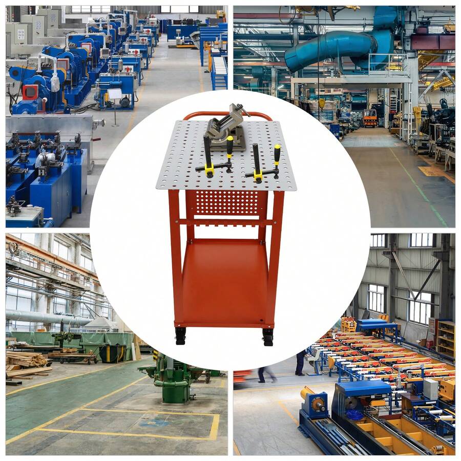 36*24 Inch Mobile Welding Table, Red Steel Welding Work Table, 600lbs Heavy-Duty 2-Tier Welding Bench With Brake Wheels & Tool Hooks For Cutting Grinding Repair - Red - View 1