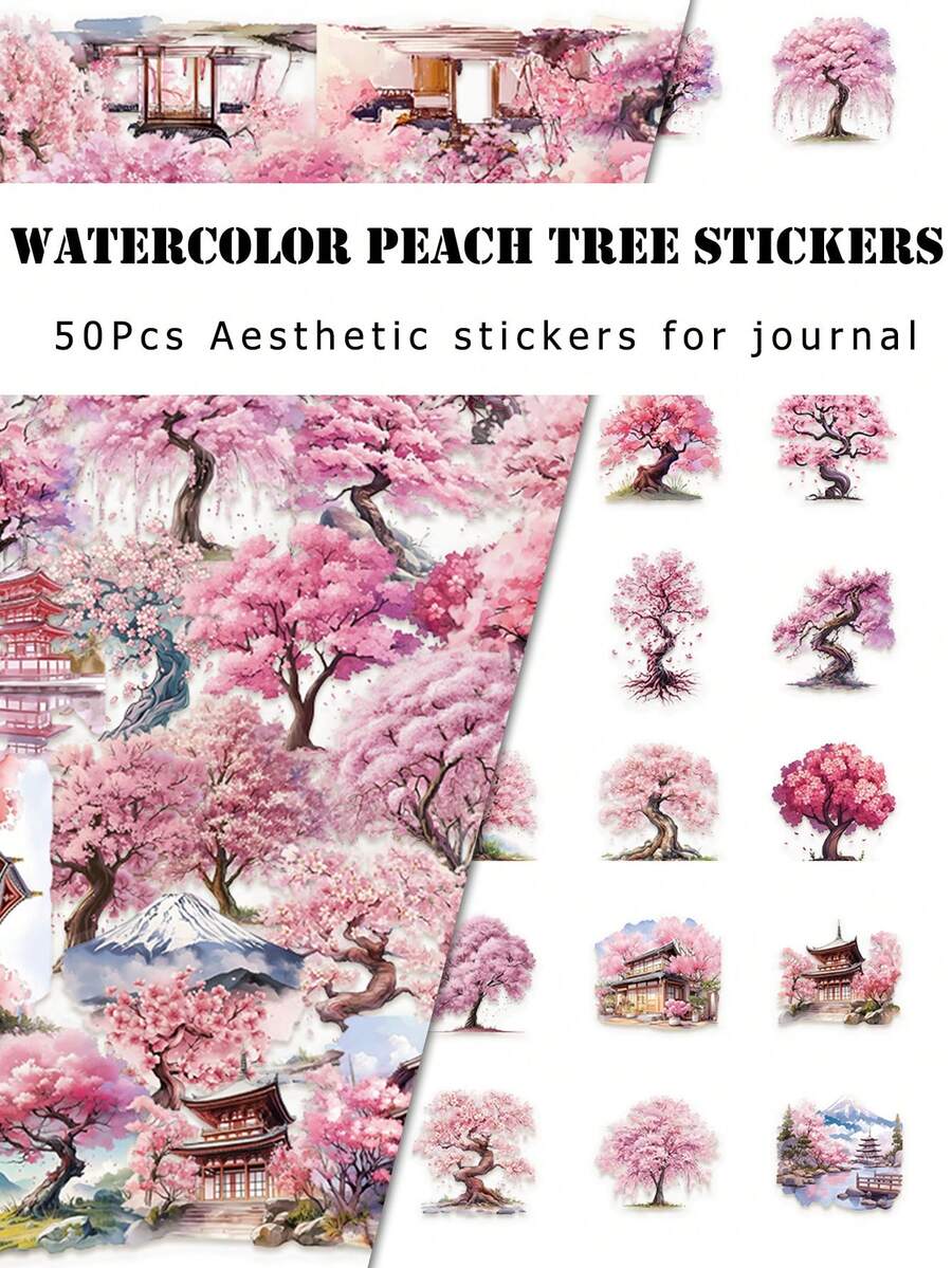 50Pcs For Kids Watercolor Peach Tree Stickers Floral Nature Waterproof DIY Decals - Multicolor - View 1