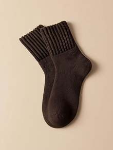 10pcs Earth Tone Ribbed Mid-Calf Socks, 1 Pair Per Color, Vintage Solid Color Autumn/Winter Socks, 5/1 Pair Pack - Set a - View 4