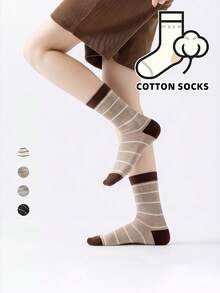 1/4 Pair Solid Color Striped Sports Casual Mid-Calf Socks, Autumn/Winter Style, Unisex, Comfortable For Daily Wear, Travel, Indoor And Home, Soft Breathable Cotton Socks - Multicolor - View 4