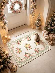 1pc Pink & Green Floral Runner Rug, Hallway Long Carpet, Area Rug, Home Decor, Living Room Rug, Room Decoration, Washable Carpet, Christmas Gift - Pink and Green Floral - View 2