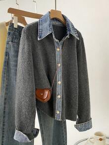 Vintage Preppy Style Denim Collar Knit Cardigan Jacket, Long Sleeve Button Down Loose Women Autumn Daily Sweater Coat - Grey - View 5