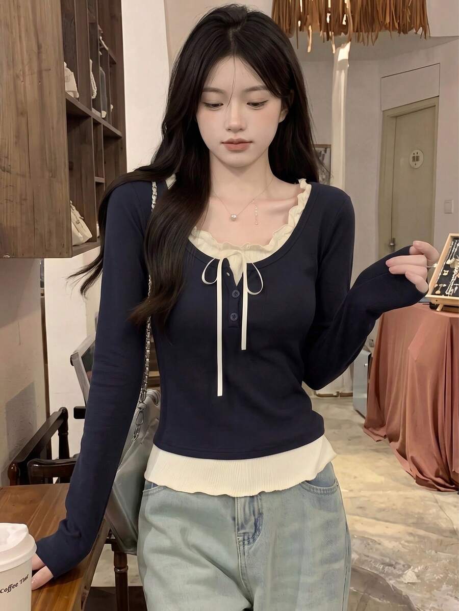可爱蝴蝶结荷叶边长袖女式衬衫,春夏/情人节/冬季上衣 - 藏蓝色 - 查看 1