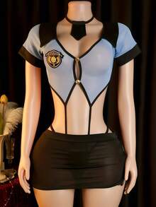 Women's Themed Role Play Costume Set, Mesh Short Sleeve Top + Bodycon Mini Skirt With Tie, Suitable For Halloween Party Outfit - Dusty Blue - View 2