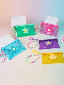 1pc Transparent PVC Colorful Coin Purse With Floral Beaded Chain, Girls Portable Travel Wallet (Floral Beaded Bracelet Color Random) - Multicolor - View 1