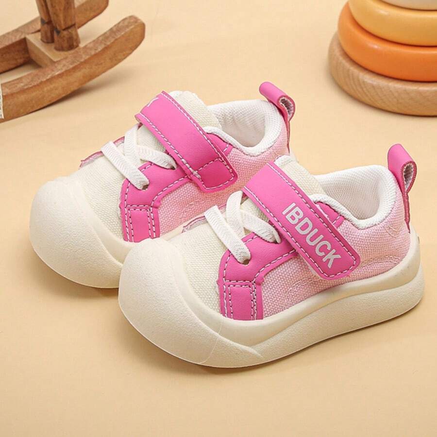 Children's Pink Colorblock Hook-And-Loop Sports Shoes, Breathable Non-Slip Soft Sole Casual Sneakers, Sweet Versatile Style, Suitable For Daily Kindergarten And Outdoor Activities - Pink - View 1