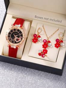 SOKI SOKI 1 Set Women's Watch Set, Elegant Casual Style, Fashionable And Exquisite, Quartz Watch With Beautiful Dial, Pendant Necklace, Earrings, Ring, Jewelry Set Suitable For Daily, Office, Holiday, Ramadan, Eid, Thanksgiving, Wedding, Banquet, Date, Christmas, Back To School, Party, Halloween, Easter And Other Occasions, Best Gift For Women (Gift Box Not Included) - Pink - View 7