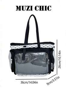 Tote Bag Lace Trim Ita Bag, Front Display Window Design, Multiple External Zipper Pockets, Decorative Charms, Hand-Carry And Crossbody Dual-Wear, Large Capacity For Personal Items, Suitable For Anime Conventions, School, And Outings, Sweet Anime Style Outfit - Black - View 2