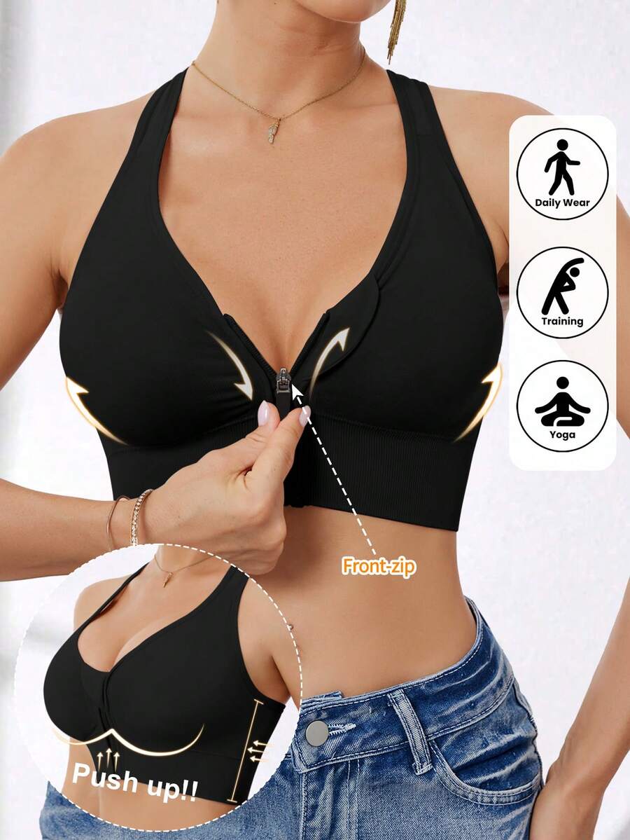 Women's High Intensity Front Zip Seamless Wireless Sports Bra, Suitable For Spring, Summer, Autumn And Winter - Black - View 1