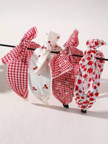 2pcs/Set Girls Vintage Red Flower Fabric Headband Sweet Plaid Rabbit Ear Bow Hair Hoop Suitable For Daily Decoration - Multicolor - View 2