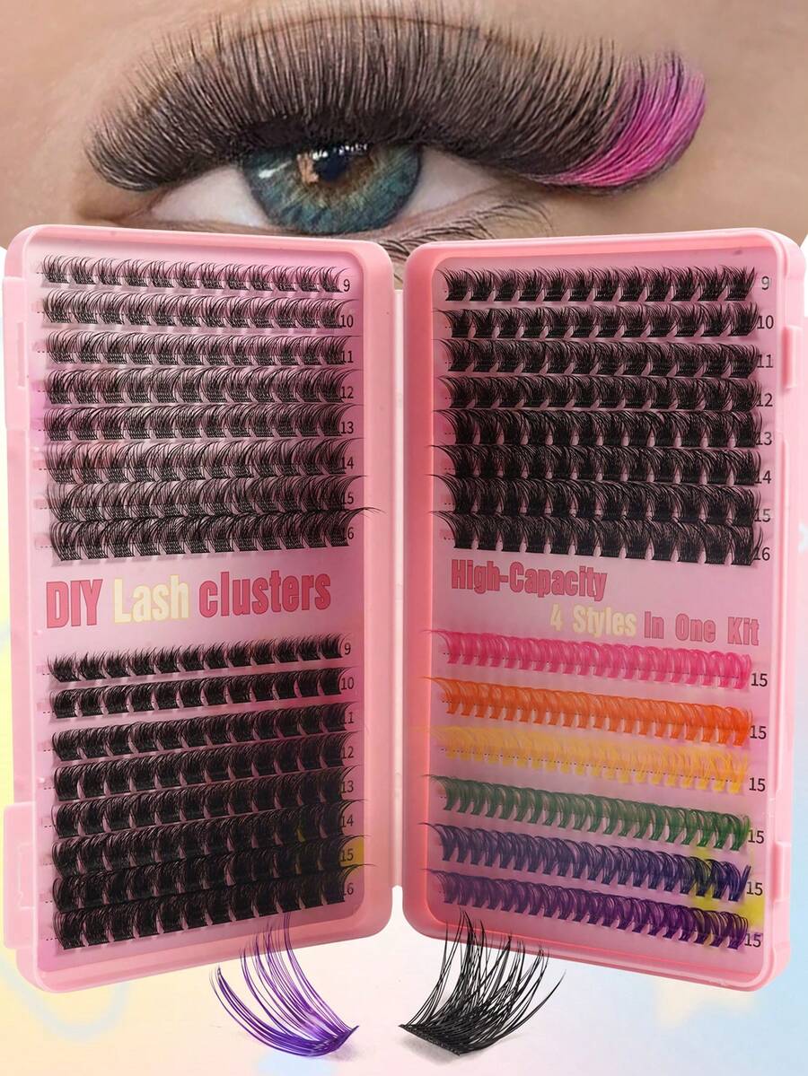 New 408pcs Colorful Single Cluster False Eyelashes, Large Capacity, Colorful D Curl, 9-16mm, Halloween Theme DIY Eyelash Clusters, Thick And Curly, 7 Mixed Colors, Natural Look, Ultra Dense, Thin And Lightweight, Super Soft, Reusable, Single Segment False Eyelashes, Eyelash Extension Set, Suitable For Home DIY, Halloween, Cosplay, Daily Makeup - D - View 1