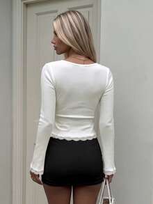 Women's Casual Sweet & Cool Style Henley Button Long Sleeve Top, Ribbed Texture Half-Button Top, Lace Trim Flared Sleeve Slim Fit Cropped Inner Layer - White - View 4