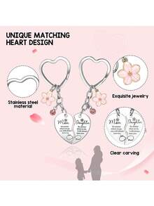 Mother & Daughter 2pcs Set Pink Flower Rhinestone Pendant Heart Matching Keychain, Backpack Wallet Charm, Christmas Birthday Gift - Silver - View 3