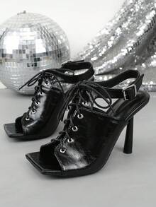 Women's Square Toe Lace-Up Back Strap Stiletto High Heel Sandals, Black Party High Heels - Black - View 11