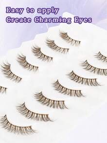 7 Pairs 3D Fluffy Brown Cat Eye Lashes Clear Band Wispy Eyelashes Natural Fake Eyelashes Soft Strip Lashes Lightweight False Eyelash - Brown - View 6