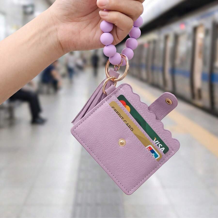 1個PU皮革掛脖式卡套識別證錢包,多格壓扣卡套附珠飾腕帶、鑰匙圈與流蘇吊飾,可收納工作識別證、門禁卡、銀行卡,多色可選,便攜式腕帶卡夾,辦公通勤攜行收納配件,耐用大容量身分證卡整理包 - 彩色 - 查看 1