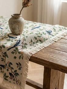 1pc Beige Base Green Branch & Blue Bird Print Tablecloth, French Fresh Style Linen Blend Fabric, Square Shape With Beige Tassel Edge Detail, Stain-Resistant Desktop Protector, Functional Dining Table Cloth Suitable For Daily Breakfast And Cozy Home Decor Scenes - Beige - View 9