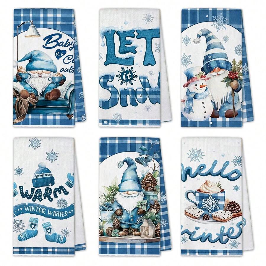 6pcs Kitchen Absorbent Towels, Made Of Polyester Material, Printed With Christmas Gnome Plaid Pattern, Suitable For Kitchen, Bathroom, Ideal Choice For Housewives And Family Gatherings, High Cost-Performance Home Decor And Room Decoration Item. - Multicolor - View 1