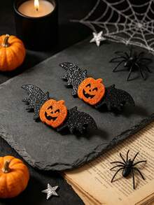 Halloween Glitter Bat Pumpkin Hair Clips, Jack-O'-Lantern Decor Alligator Barrettes, Gothic Party Cosplay Hair Accessories For Women - Bat - View 6