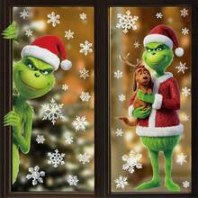 The Grinch ملصق نافذة عيد الميلاد من مادة PVC بتصميم كرتوني وحش أخضر وندفة ثلج، ملصق ثابت للزجاج، ديكور حفلة العطلات، مستلزمات تجمع العطلات - متعدد الألوان - مشاهدة 1