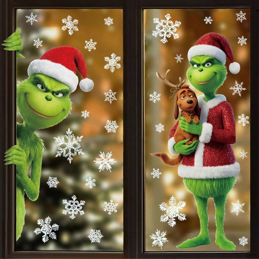 The Grinch ملصق نافذة عيد الميلاد من مادة PVC بتصميم كرتوني وحش أخضر وندفة ثلج، ملصق ثابت للزجاج، ديكور حفلة العطلات، مستلزمات تجمع العطلات - متعدد الألوان - مشاهدة 1