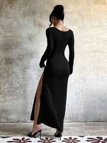 Autumn Solid Color Hollow Design Basic Slit Long Dress, Women's Elegant Dress For Party And Date - Black - View 3