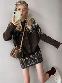 Women's Sweater Cardigan Jacket And Skirt Set, Fair Isle Deer Pattern Winter Outfit - Coffee Brown - View 1