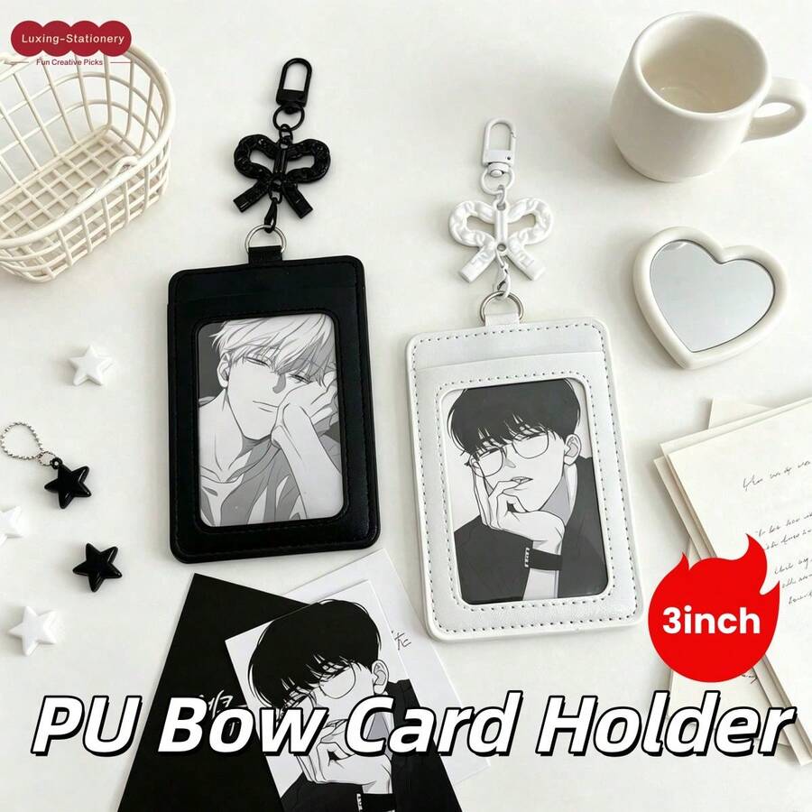 Ins Bowknot Keychain Student Double-Layer Leather Card Holder ID Badge Campus Bus Fan Card Protective Sleeve, Card Protection, Multi-Card Storage, ID Anti-Scratch, Portable Pendant, Backpack Accessory, Commute Travel, Campus Use, Shopping Out, Desk Display, Fan Collection, Anime Merchandise, Birthday Gift, Christmas Gift, New Year Gift, Holiday Gift, Aesthetic Matching, Pocket Storage, Personalized Accessory, Card Display, Gift Item, Creative Gift, Collectible Item, Home Decor, Multi-Card Slot Storage, Daily Protection, Portable - A - View 1
