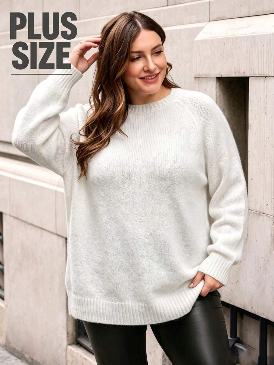 Women's Plus Size Cream Round Neck Ribbed Drop Shoulder Long Sleeve Knit Sweater, Comfortable Casual Y2K Fashion Style, Suitable For Halloween, Christmas, New Year, Autumn/Winter Season - White - View 1