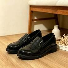 Women's Glossy Slip-On Penny Loafers, Low Chunky Square Heel Preppy Style Shoes, Non-Slip Sole, Versatile For All Seasons, Suitable For Campus, Office And Daily Wear - Black - View 13