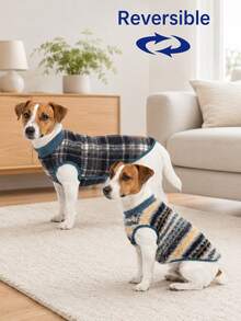 1pc Reversible Striped Plaid Dog Vest With Exquisite Leather Label, Soft And Warm Winter Pet Cotton Clothing, Suitable For Small And Medium Dogs Such As Maltese, Bichon, Yorkshire Terrier, Pomeranian - Royal Blue - View 5