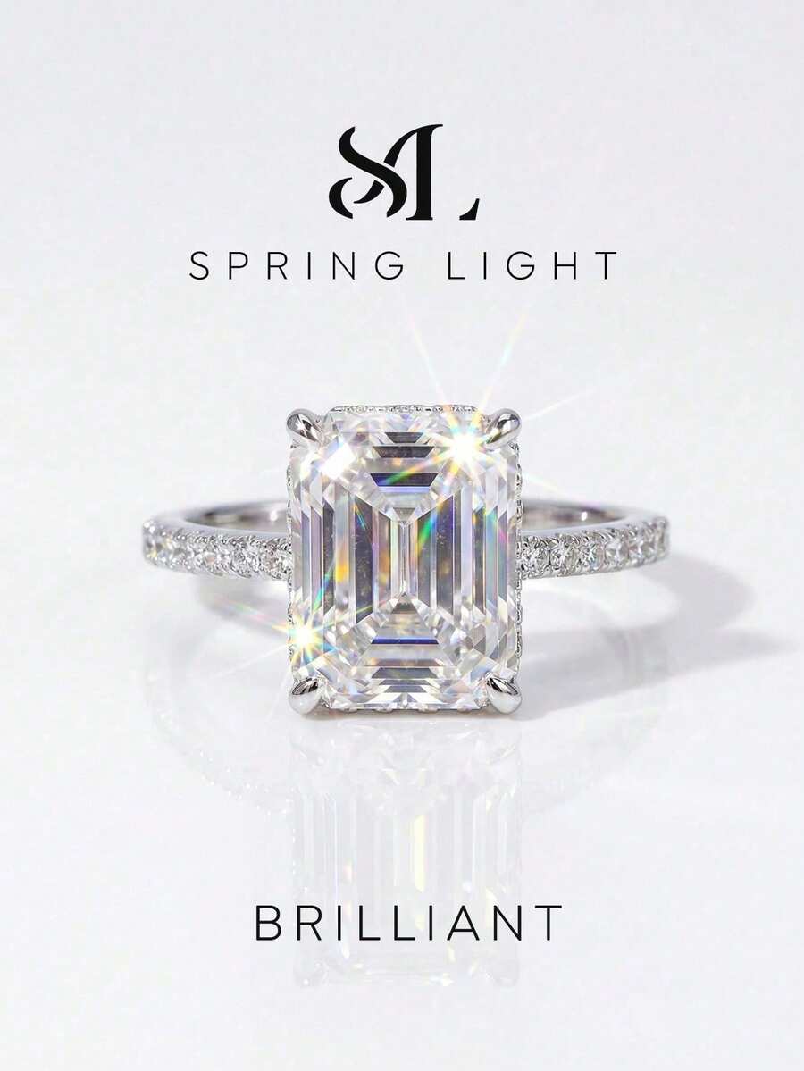 1pc Moissanite Ring, Luxury 4 Carat Emerald Cut Solitaire Diamond Ring, Suitable For Women Engagement And Wedding - Rectangular Moissanite Ring 4ct - View 1