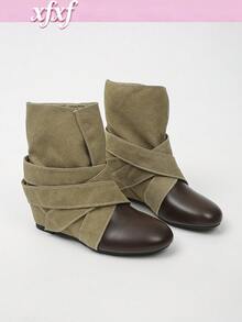 XfxfA Women's Patchwork Mid-Heel Boots, 1 Pair, Cross/Lace-Up/Bow Toe Design, Suitable For Daily Casual/Shopping/Travel Wear - Khaki - View 2